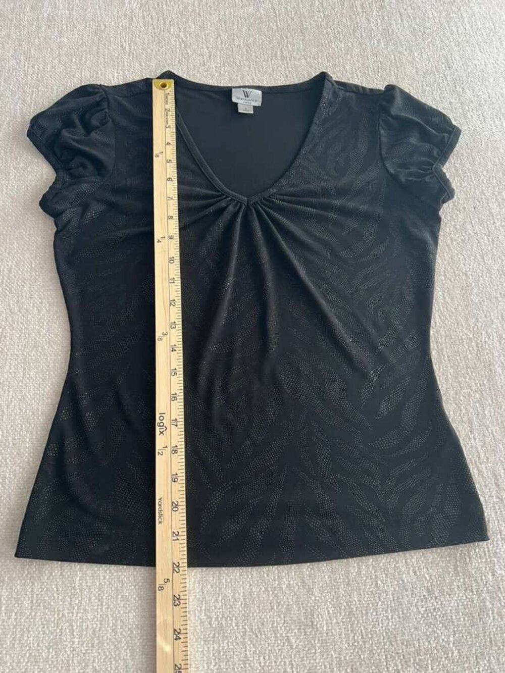 Worthington Stretch Black Ruched V-Neck Textured Top Size S - Picture 6 of 6